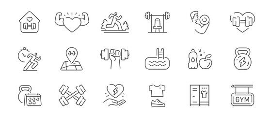 Set of line icons fitness and sport. Collection symbol fitness, gym and health care. Workout, healthy lifestyle concept