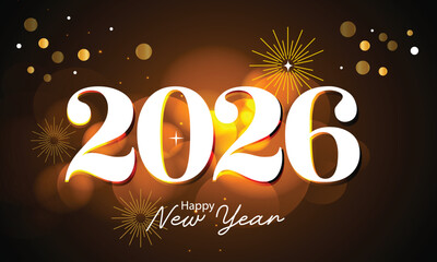 2026 Happy New Year celebration fireworks vector background. Golden numbers with glow light effects on black.