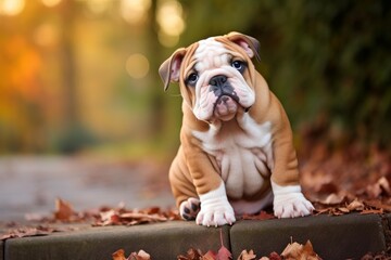 English bulldog puppy sitting on a curb looking curiously at the camera on an autumn day