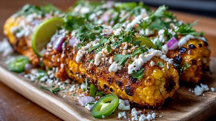 Close up of elote corn on the cob with lime cilantro and cheese on a wooden board delicious treat