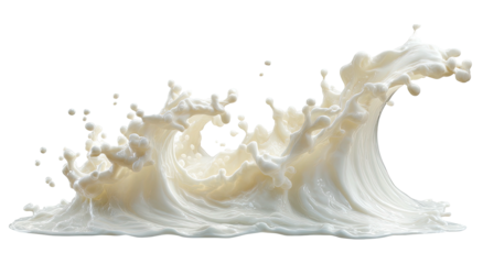 White liquid splash, wave, curled, cresting against a stark dark background
