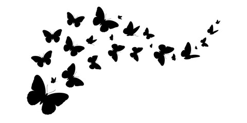 Black butterflies flying in formation on white background