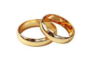 Two polished gold wedding rings interlocked, on a black background
