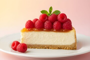 A slice of cheesecake topped with fresh raspberries and mint leaves on a white plate