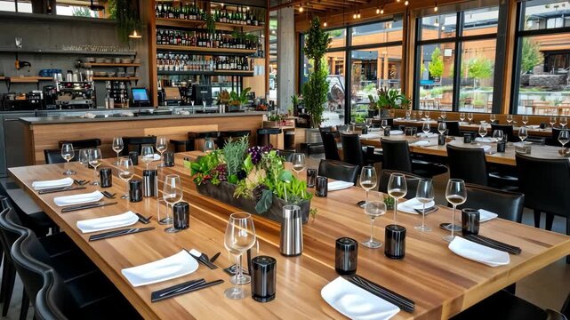 Spacious dining area arranged for a gathering, featuring wooden tables, elegant dishes, and a warm atmosphere filled with natural light