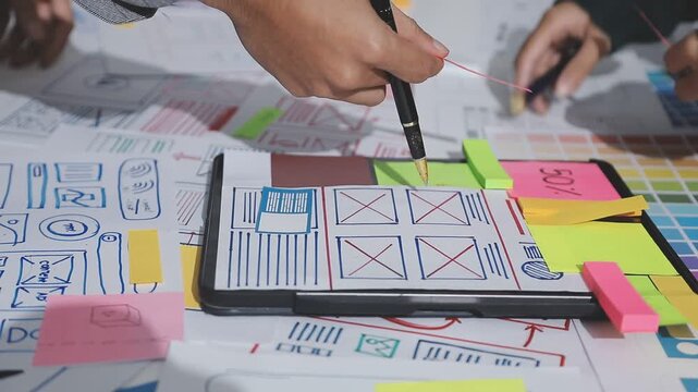 UXUI design brainstorming session with sketches and digital tools