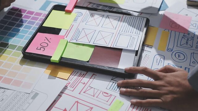 UXUI design brainstorming session with sketches and digital tools