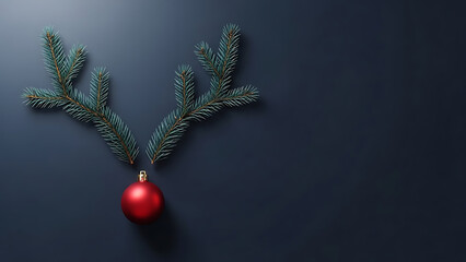 christmas reindeer antlers from pine branches and red bauble on dark background minimalist holiday concept for seasonal marketing