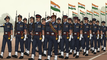 Indian army parade soldiers marching with discipline honor bravery patriotism national pride republic independence martyrs tribute ceremonial army day illustration for commercial design