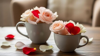 Delicate rose bouquets in tea cups