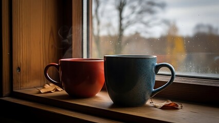 Two mugs on a windowsill