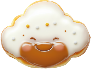 Cute cloud shaped doughnut with white icing glaze and smiling kawaii face, topped with sprinkles, sweet playful pastry dessert treat isolated on transparent background