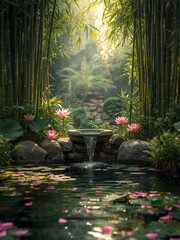 Serene Zen garden with bamboo forest framing a stone water fountain and lotus pond. Peaceful tropical landscape featuring pink water lilies and a small waterfall in soft morning light.