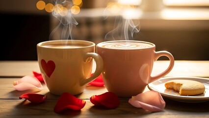 Cozy morning coffee with rose petals