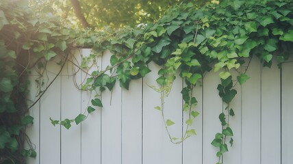  Green leaves climbing on white wooden fence with natural sunlight. Fresh green foliage and white plank wall background, minimal nature design, eco-friendly outdoor garden concept