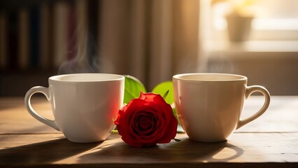Two steaming cups with a rose