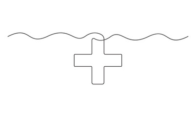 Cross sign with a wave in a continuous line art drawing style