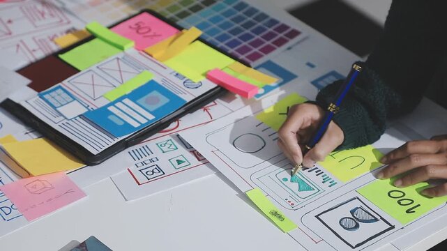 UXUI design brainstorming session with sketches and digital tools