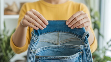 Asia people go green woman make craft DIY skill eco second hand denim jeans idea reuse old used unused fabric net zero waste fast fashion cotton issue. Home design in asian hobby thrift retail owner. 