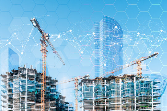 Construction technology banner background. Construction site with cranes, fittings and concrete. - Powered by Adobe