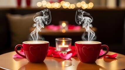 Steaming cups of coffee by candlelight