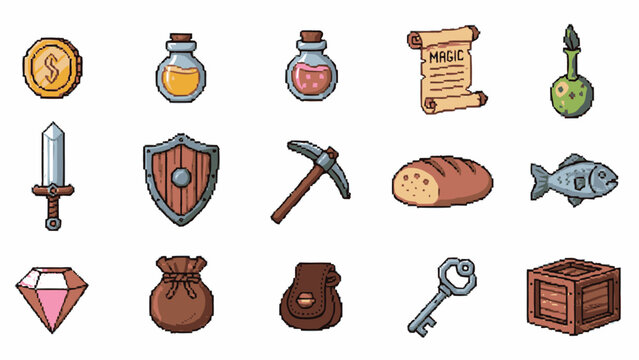 Collection of pixel art style RPG game items and fantasy adventure elements.