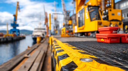 Industrial Port Crane Maintenance Platform with Safety Markings and Tools in Focus