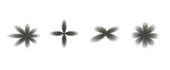 Y2K flower grainy noise gradient pattern figures. Grain gradation dot airbrush spray shapes. Vector stippling aesthetic shapes with grunge dust effect. Charcoal floral forms.