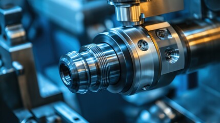 Naklejka premium An industrial machine tool with sharp focus on the lens and a blue background, showcasing precision engineering in modern industry