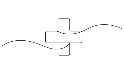 Cross icon in a continuous line art style for medical or healthcare concept