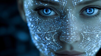 Digital Interface: Captivating close-up of a person's face transformed by an intricate digital interface, showcasing the fusion of technology and the human essence.