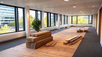 Modern Office Interior Renovation Progress with Plank Flooring and Natural Light