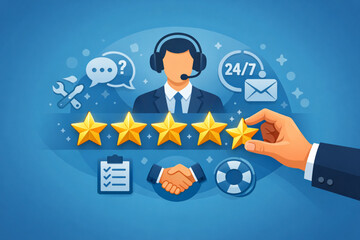 Customer service excellence concept. Businessman hand giving five star rating vector.