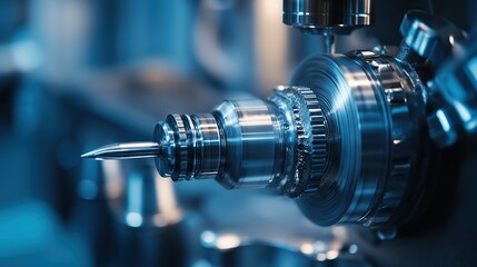 Close up of an advanced machine tool in action, intricate gears and machinery visible as it fits on the lens with precision