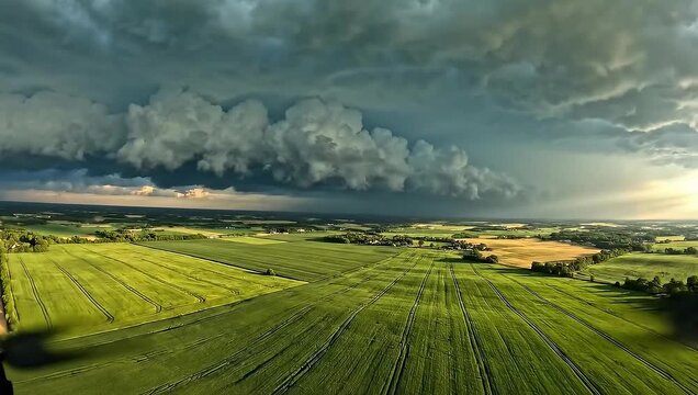 Lush Green Fields Under Dramatic Stormy Sky with Rolling Clouds and Soft Sunlight
