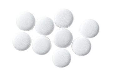 Nine white, round pills arranged in a cluster, medical use evident