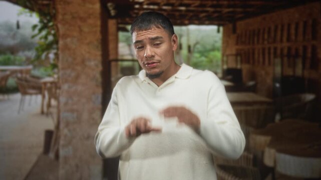 Man in a white sweater shielding his face with both hands, moving in quick defensive gestures inside a rustic outdoor restaurant patio with wicker chairs and tables; surprise.