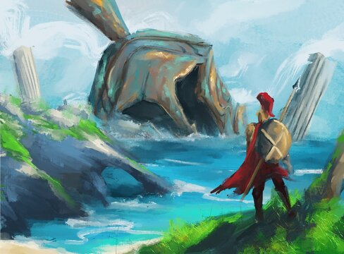 ancient greek warrior looking ancient  giant greek helmet in  the sea, digital art, Illustration painting.