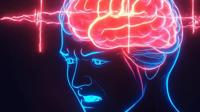 A stylized digital animation depicting a human brain with highlighted red and blue zones, representing neural activity and pain. The person holds their head, suggesting symptoms like headache or migra