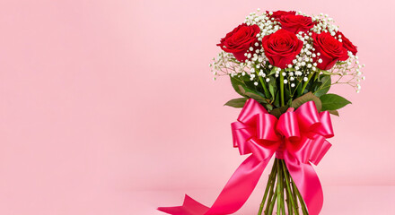 A delicate red bow tied around a bouquet of fresh flowers with a subtle pink background, valentine, pink, valentine