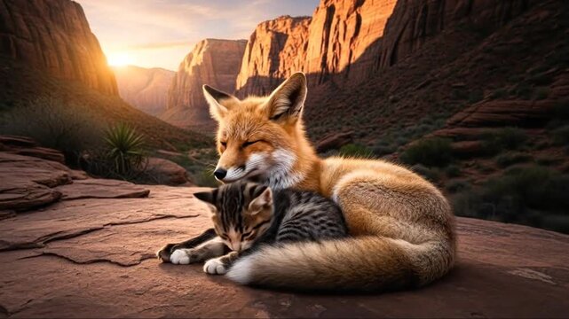 Fox and Kitten Embrace in Majestic Canyon at Sunset