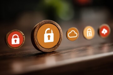 A close-up of colorful icons representing cybersecurity and cloud computing, featuring padlocks and cloud symbols on a wooden surface.