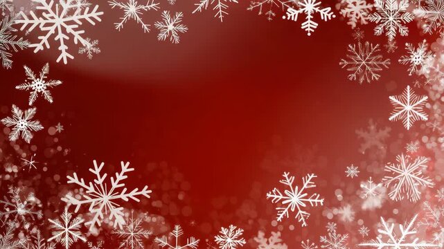 Soft snowflakes drift down gracefully on a vibrant red backdrop, creating a cozy winter atmosphere perfect for holiday festivities