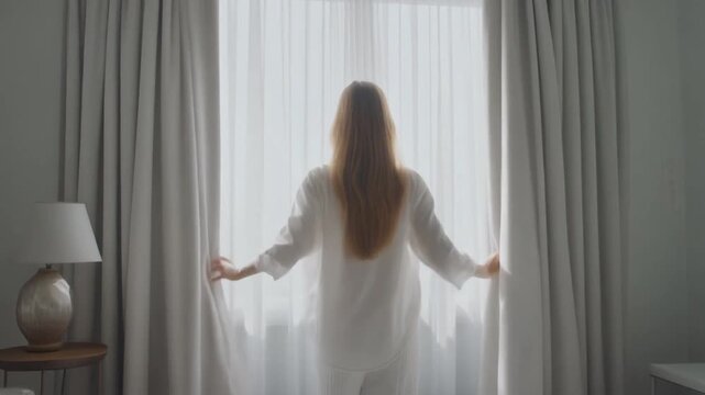 A woman in a white robe opening curtains to let in morning light, symbolizing a fresh start and new beginnings