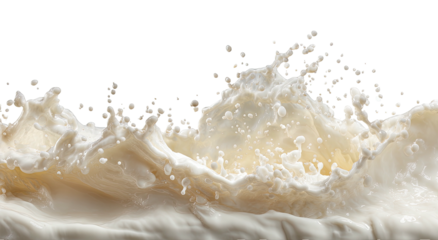 Creamy liquid splashes upward with motion against a stark black background