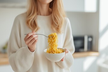 Woman holding bowl of instant noodle with a fork, ready to eat in a casual setting at home. Quick meal and convenient food concept.