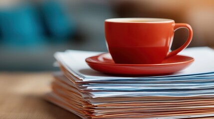 Dark red cup of coffee on a saucer resting on a stack of business documents, representing a coffee break in office work or study concept.
