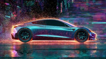 Electric Speed Machine: A sleek, modern electric sports car embodies the future of speed and sustainability. Its streamlined silhouette, dynamic lighting, and futuristic design.