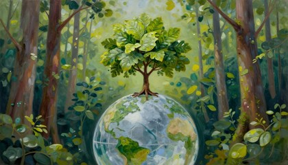 Sustainable Environmental Development concept, small tree on Crystal globe glass in green forest to protect nature. Eco-friendly esg conservation care. Earth clean and ecology,