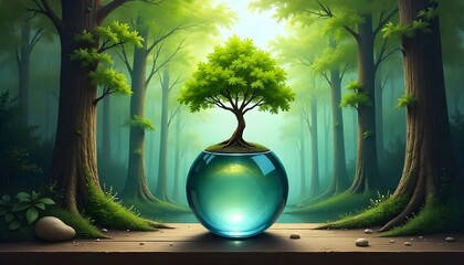 Sustainable Environmental Development concept, small tree on Crystal globe glass in green forest to protect nature. Eco-friendly esg conservation care. Earth clean and ecology,